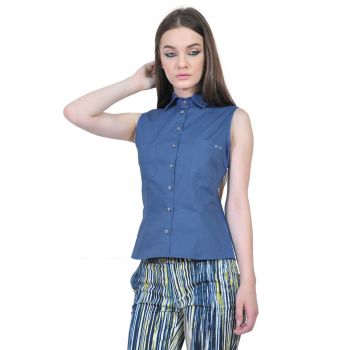 camasa albastra de dama fara maneci D2551