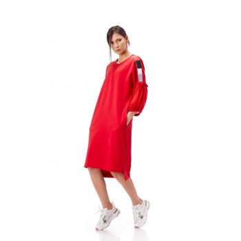 rochie dama rosie din tricot cu maneci din voal