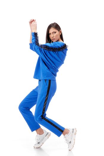 Pantalon dama RVL, albastru, din tricot cu banda laterala din piele ecologica