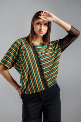 Bluza asimetrica din lurex verde dungi RVL