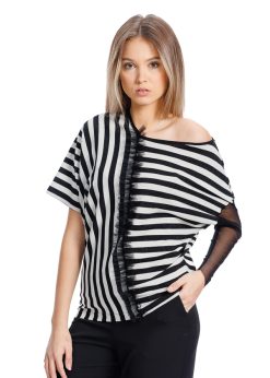 Bluza negru/dungi cu decolteu asimetric RVL