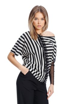 Bluza negru/dungi cu decolteu asimetric RVL