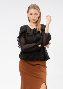 Bluza lejera cu volan aplicat, negru RVL