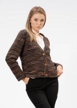 Cardigan cu nasturi, maro cu insertii multicolore RVL