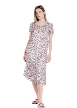 Rochie asimetrica, roz/flori cu volan RVL